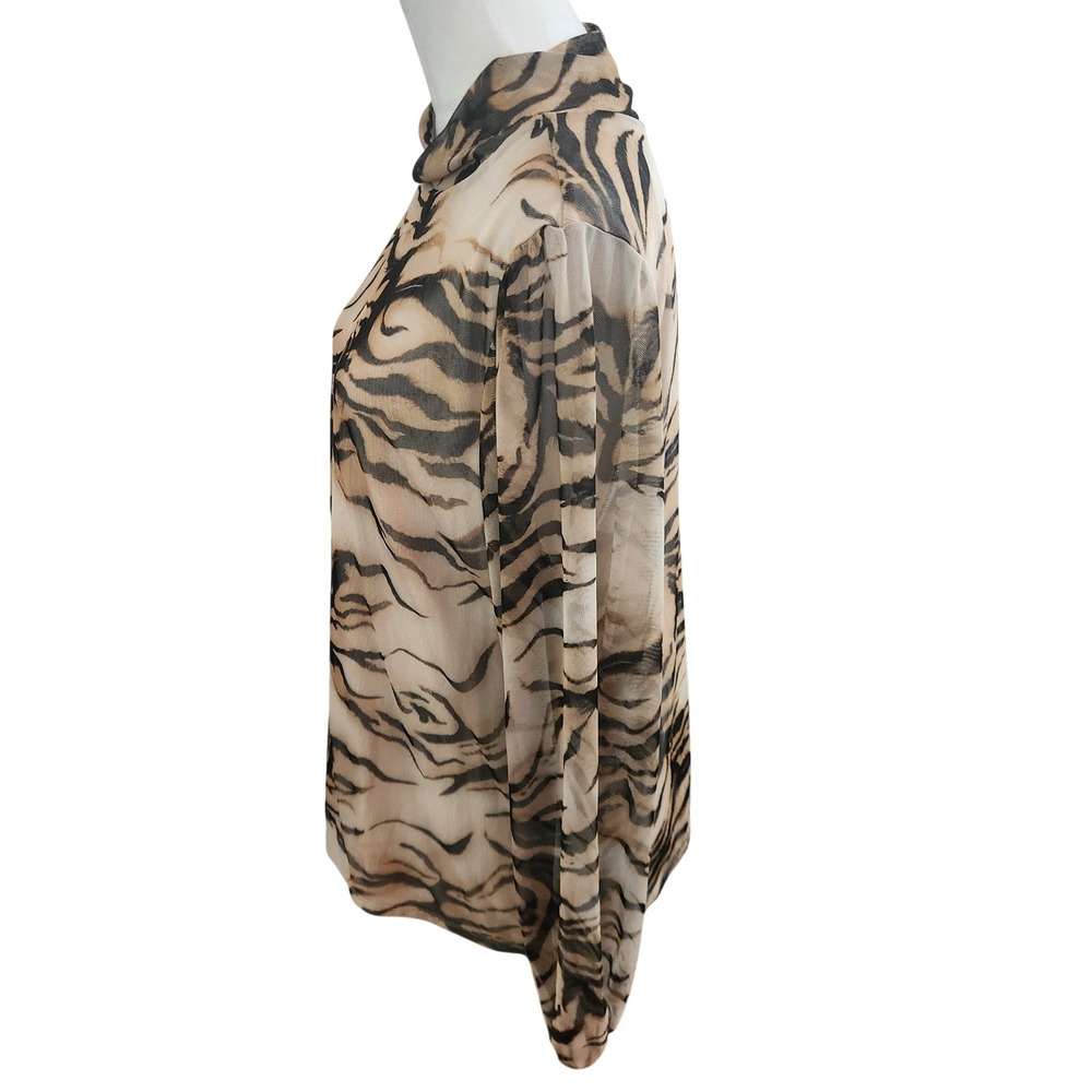 Chico's Size 3 Womens XL Tiger Print Mesh Mock Neck Top Brown Sheer Turtleneck - Picture 4 of 8
